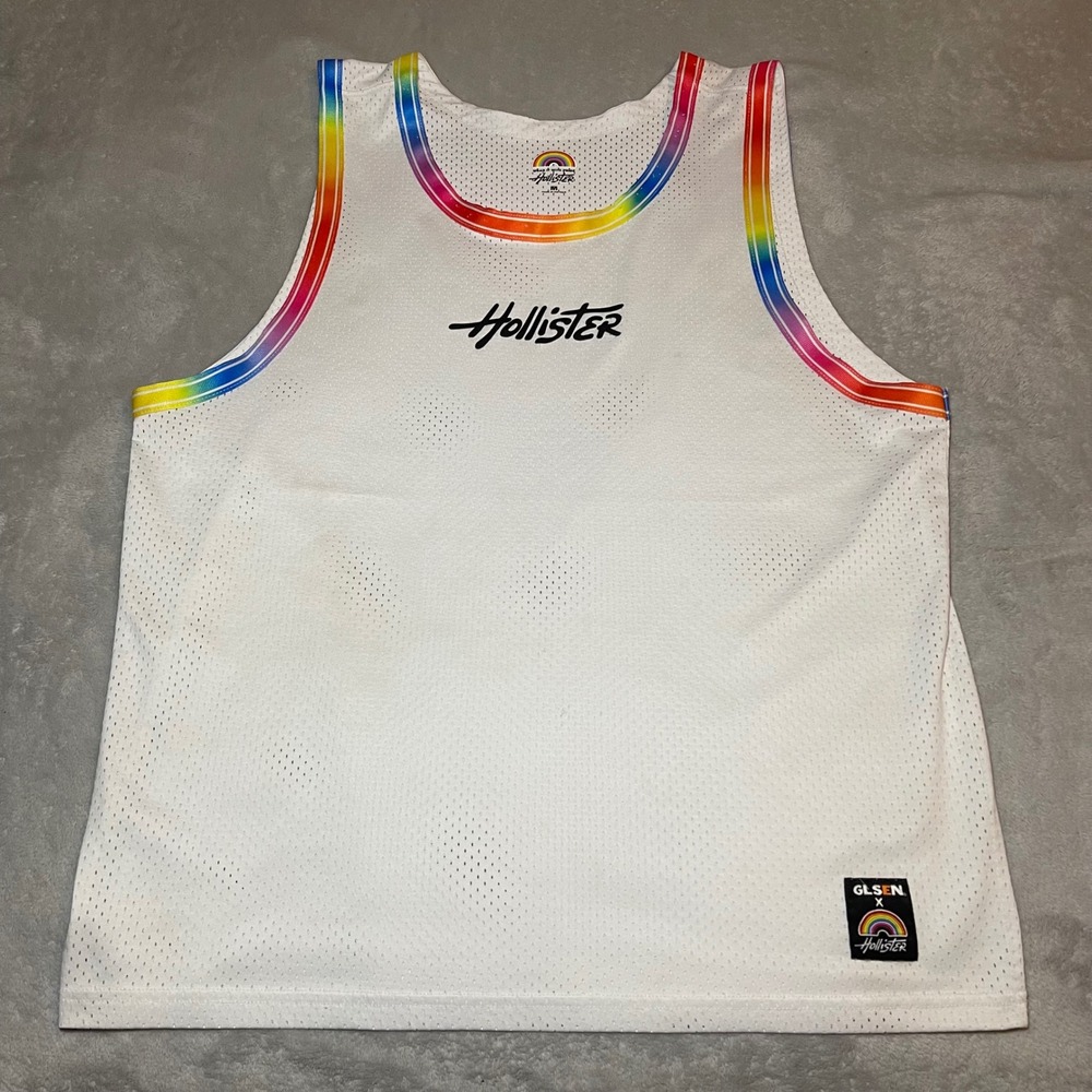 Hollister x GLSEN Shirt Men Medium White Rainbow Trim Jersey Pride Mesh Tank Top